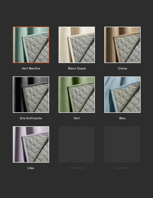 Nuancier du rideau sur mesure matelassé Kurtens : vert menthe, blanc cassé, crème, gris anthracite, vert, bleu, lilas