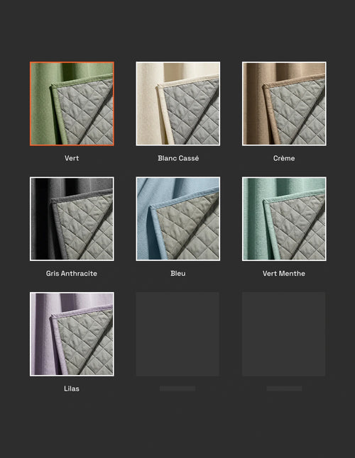 Nuancier Kurtens avec rideau vert sauge sélectionné et aperçu des coloris blanc cassé, crème, gris anthracite, bleu, vert menthe et lilas