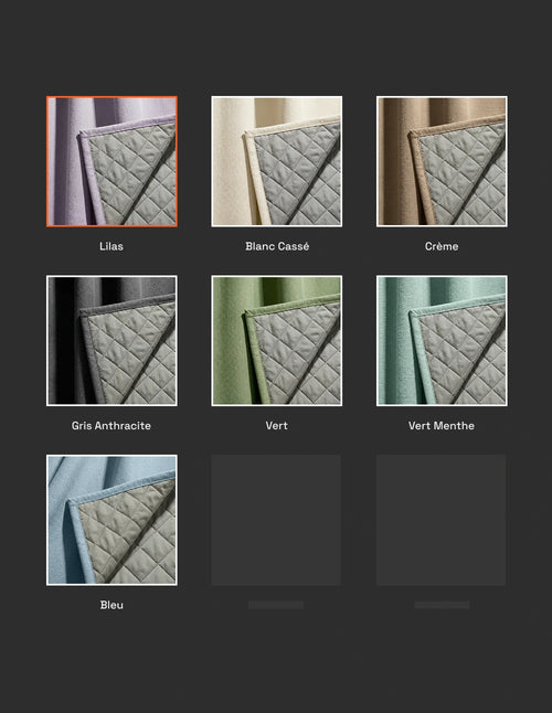 Palette de coloris du rideau sur mesure matelassé Kurtens : lilas, blanc cassé, crème, gris anthracite, vert, bleu