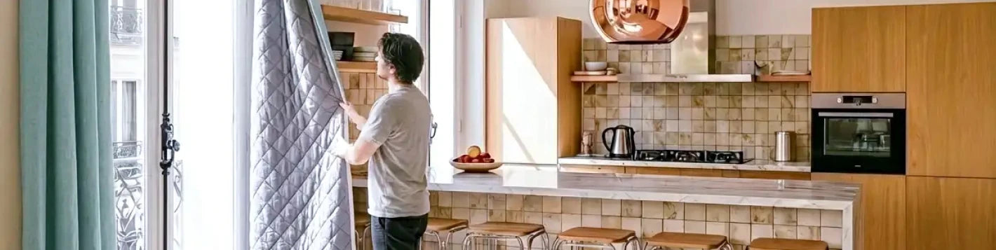 Bannière homme ouvrant un rideau sur mesure vert Kurtens avec doublure matelassée dans une cuisine moderne